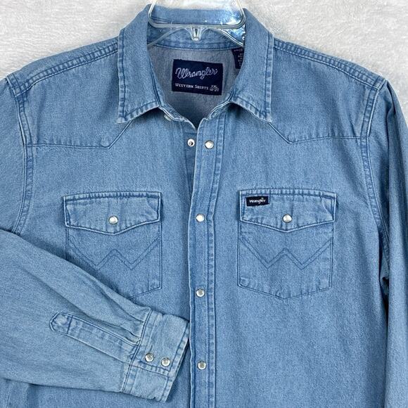 Wrangler Mens XXL Blue Heavy Thick Denim Pearl Snap Western Cowboy Rodeo Shirt - Picture 1 of 9